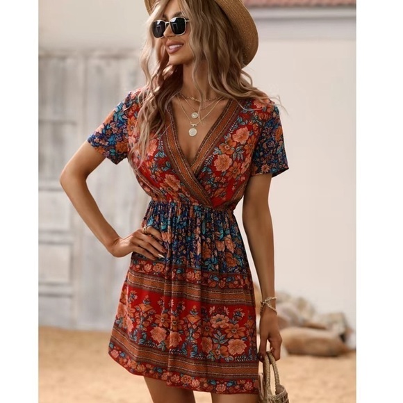 Floral Print Surplice Neck Boho Casual Mini Dress Red Orange Blue M L XL Nwt - Picture 5 of 6
